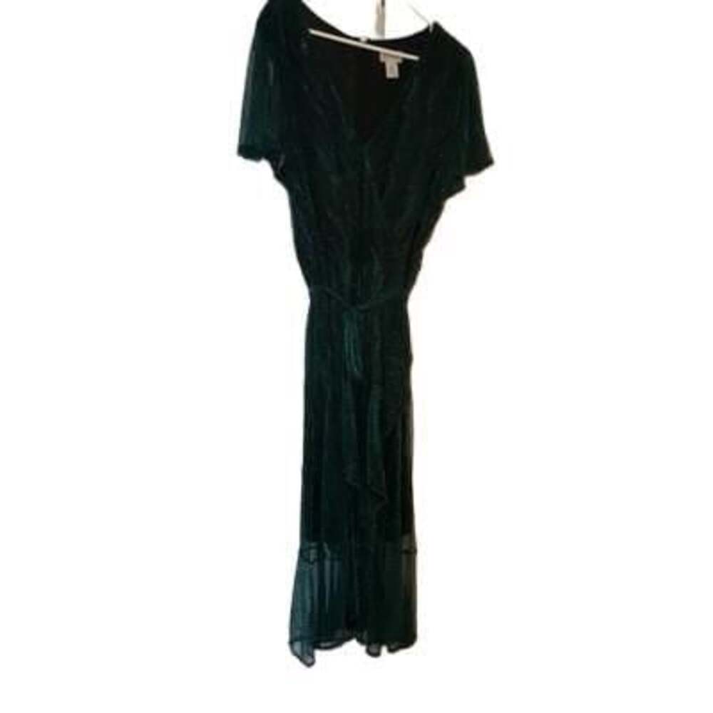 Nicole Miller New York Green Chiffon Pleated Wrap Belted Long Dress Size 16